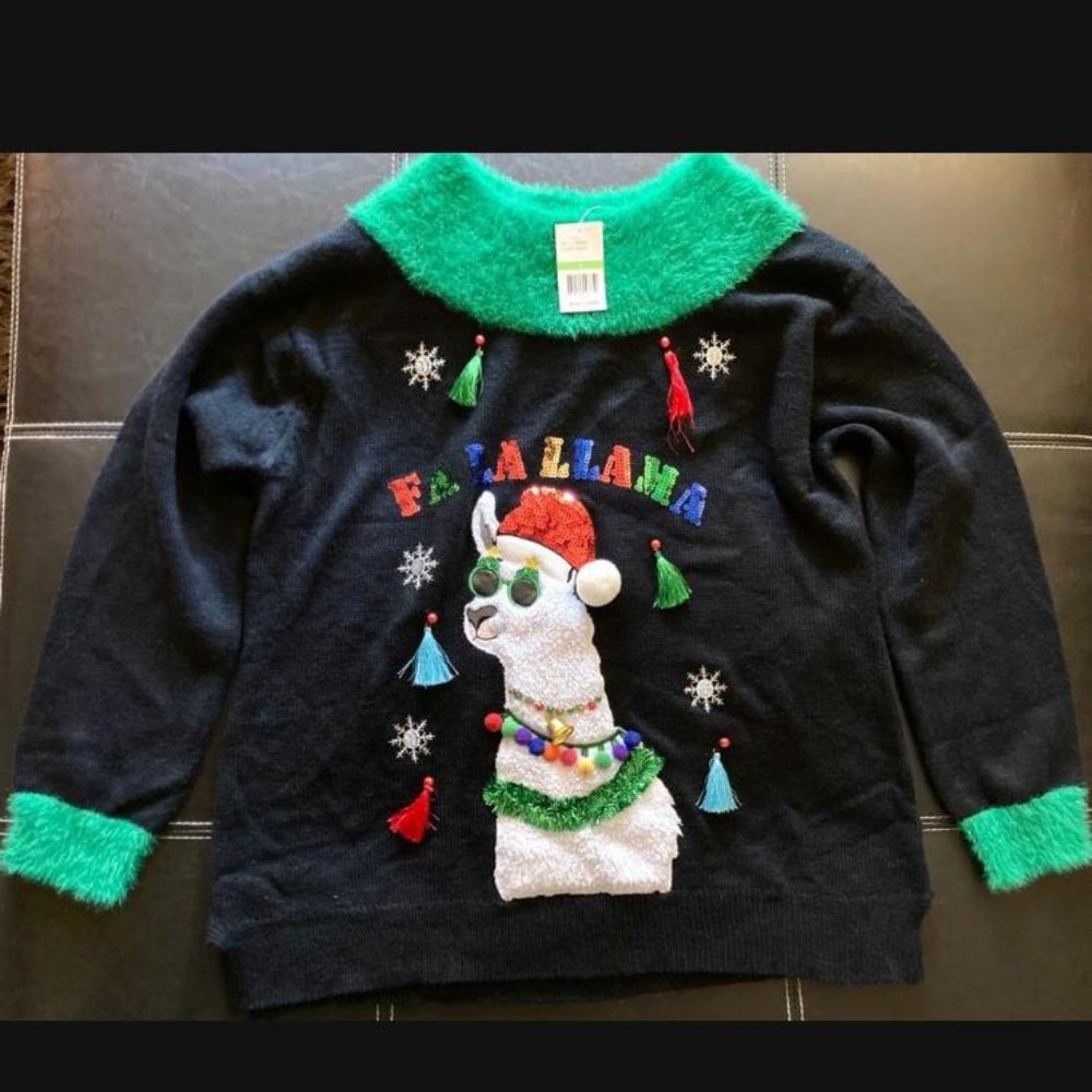 CHRISTMAS XMAS FALALLAMA SWEATER SIZE LARGE MULTICOLOR WITH APPLICATIONS